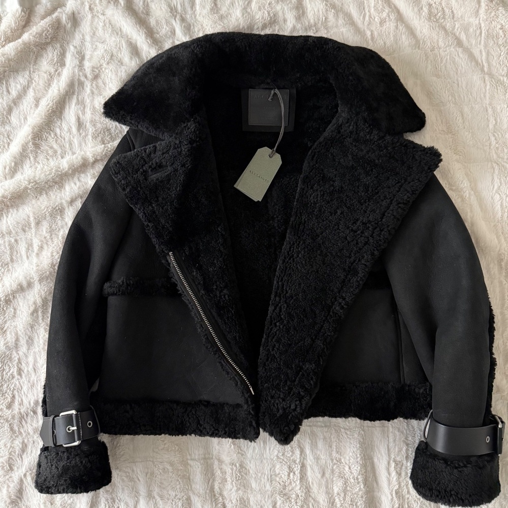 ALLSAINTS Shearling, Suede & Leather Black Jacket Biker/Moto-Inspired NWT Sz L - Picture 6 of 16